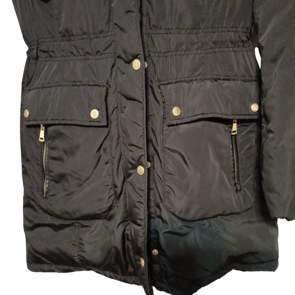 Cole Haan -Black Hooded Parka Down Coat with Gold Accents - Size S,a;; - Picture 3 of 9